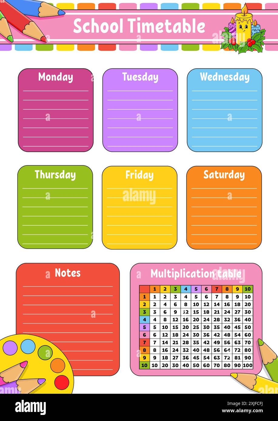 School timetable with multiplication table. For the education of ...