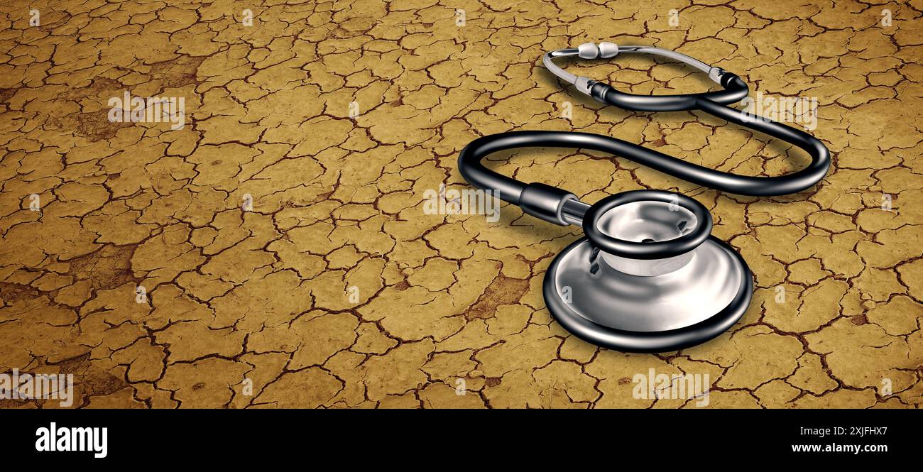 Heat Illness and heat-stroke illness and exhaustion from high temperatures as extreme hot Summer heat-wave or heatwave and hot weather with soaring dr Stock Photo