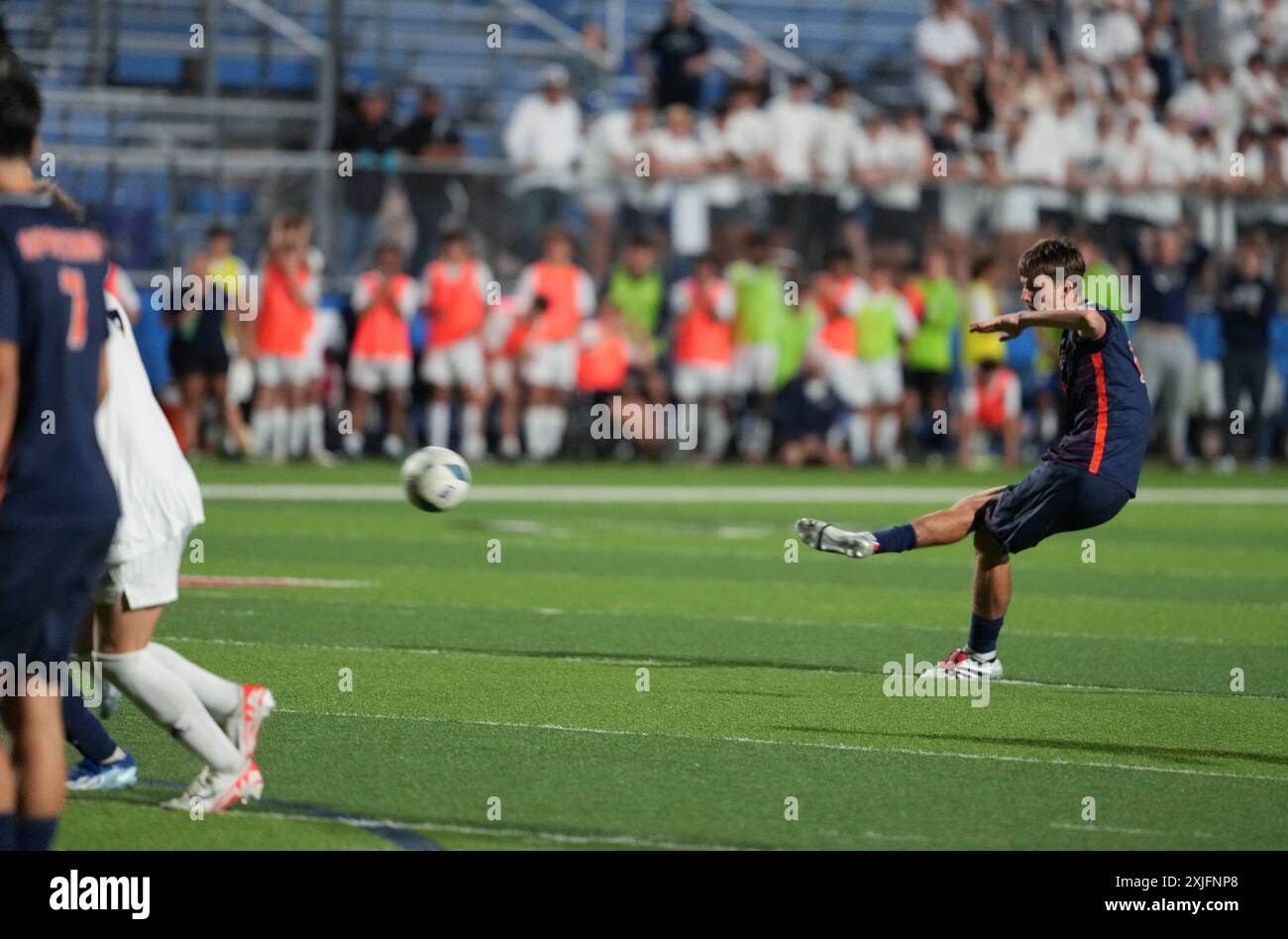 Seven Lakes' Sam Harpole (23) makes a penalty kick for a goal during a