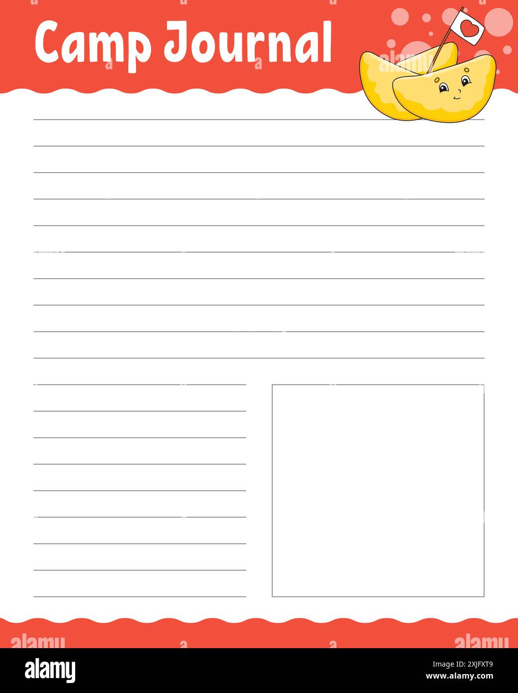 Lined sheet template for camp journal. Handwriting paper. For diary, planner, checklist, wish list. With cute character. Vector illustration. Stock Vector