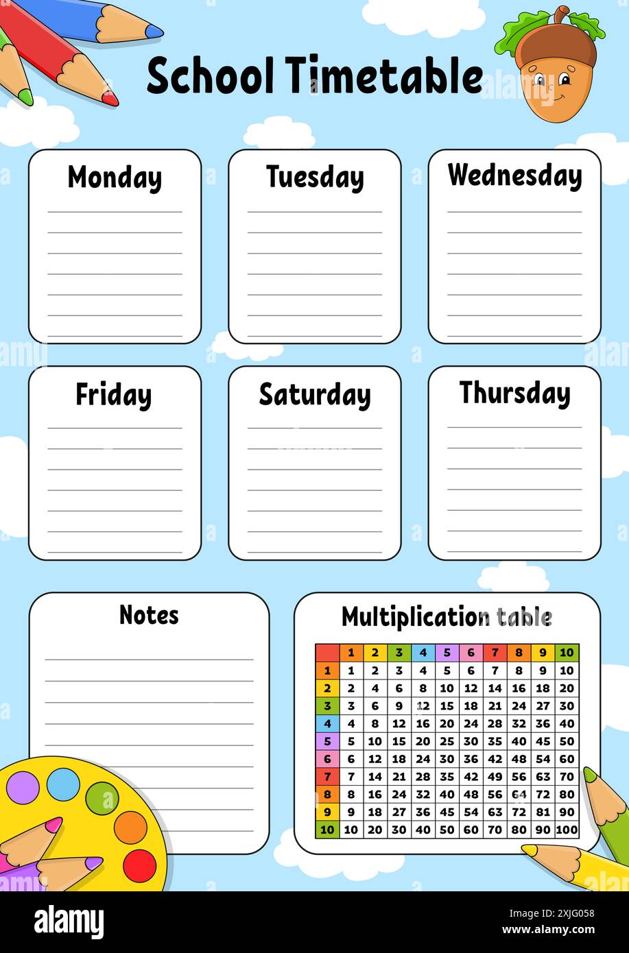 School timetable. For the education of children. Isolated on color ...