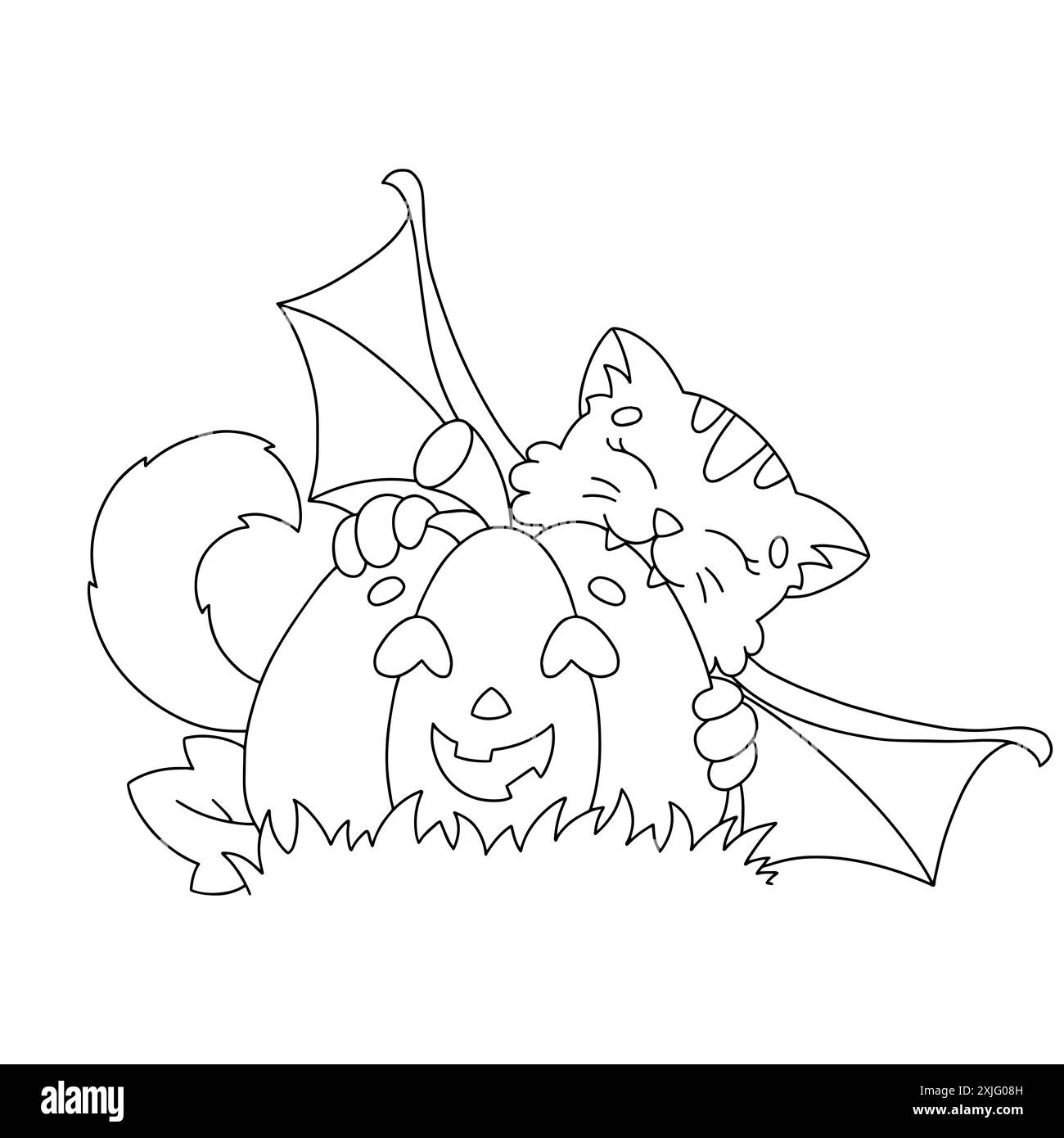 A cute bat bites a pumpkin. Coloring book page for kids. Halloween ...