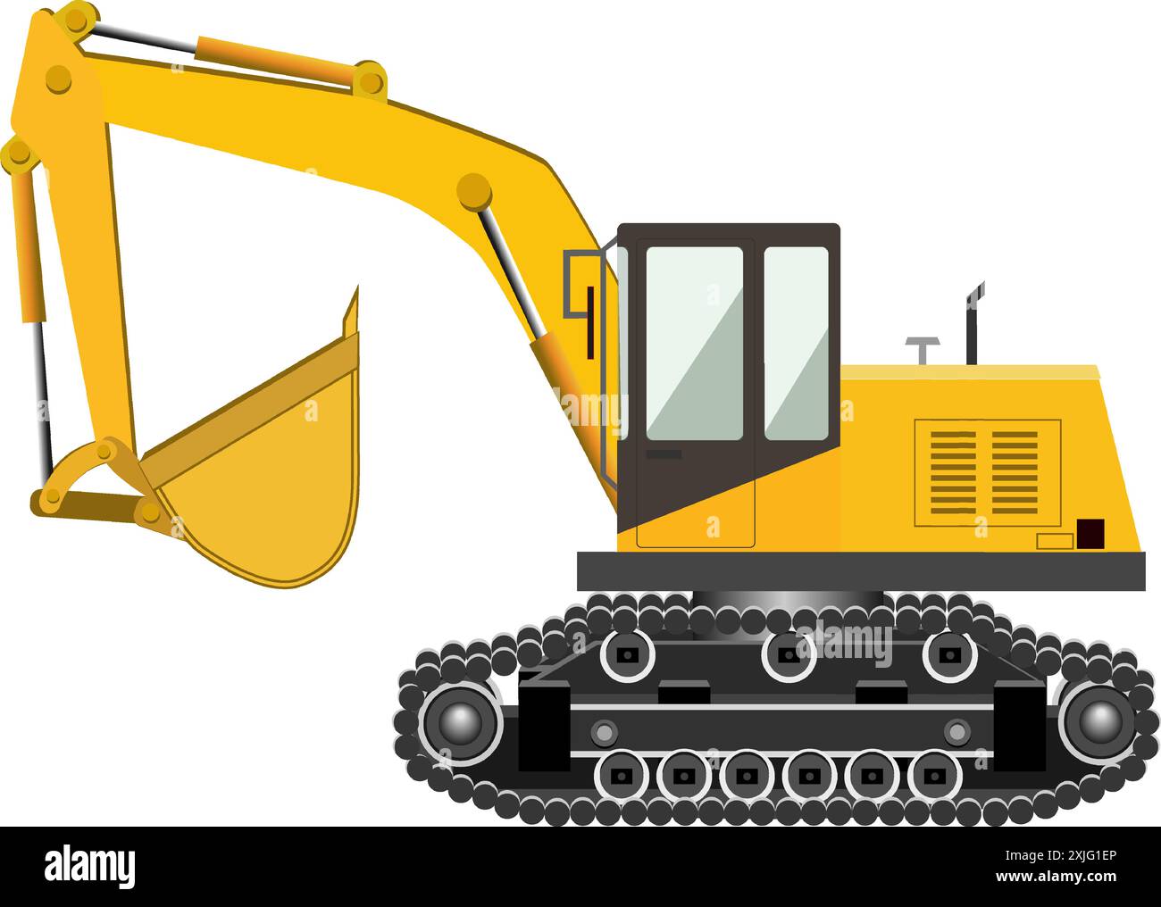 Yellow crawler excavator with a bucket. Industrial machinery. Construction machinery. Vector illustration. Isolated on white background. Stock Vector