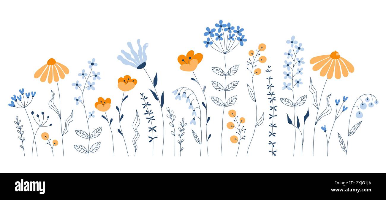 Summer meadow plants  vector seamless border pattern.   Floral field in line art style Stock Vector