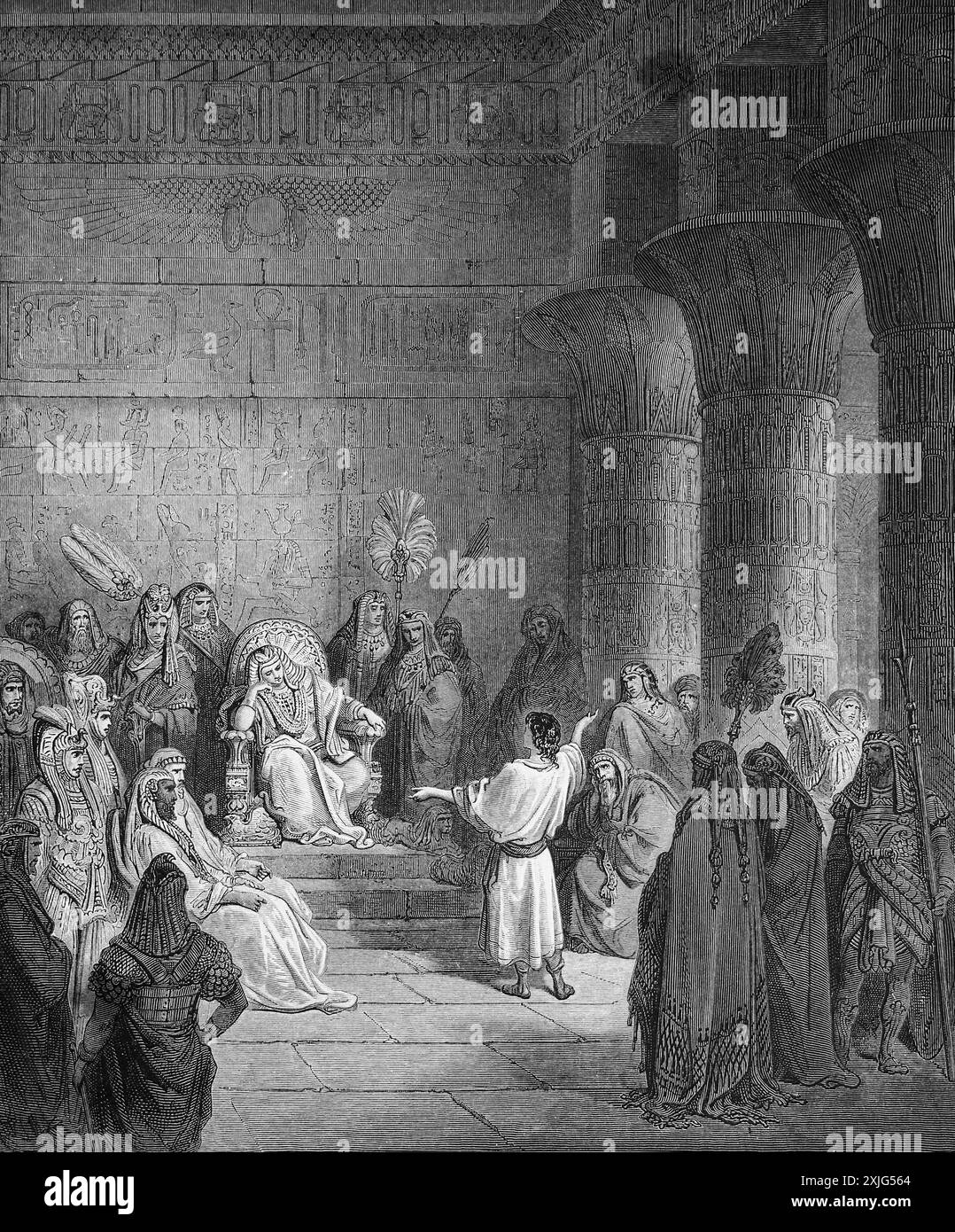 Wood Engraving of Joseph Interpreting the Pharaoh's Dreams Genesis 41:25-26 by Gustave Dore from 19th Century Antique Holy Bible Stock Photo