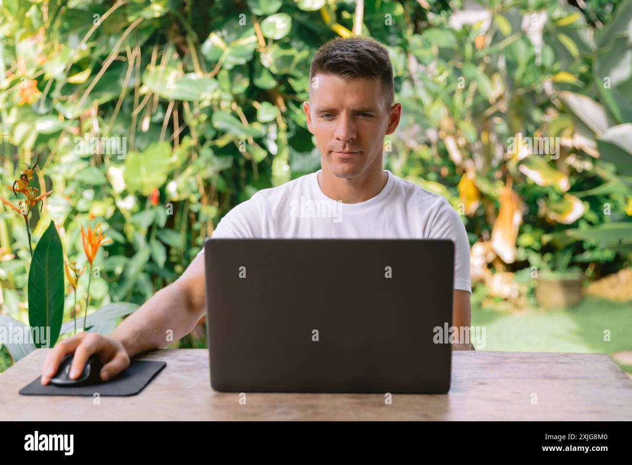 Focused young man using laptop, successful freelancer working online on computer sitting in modern kitchen Stock Photo