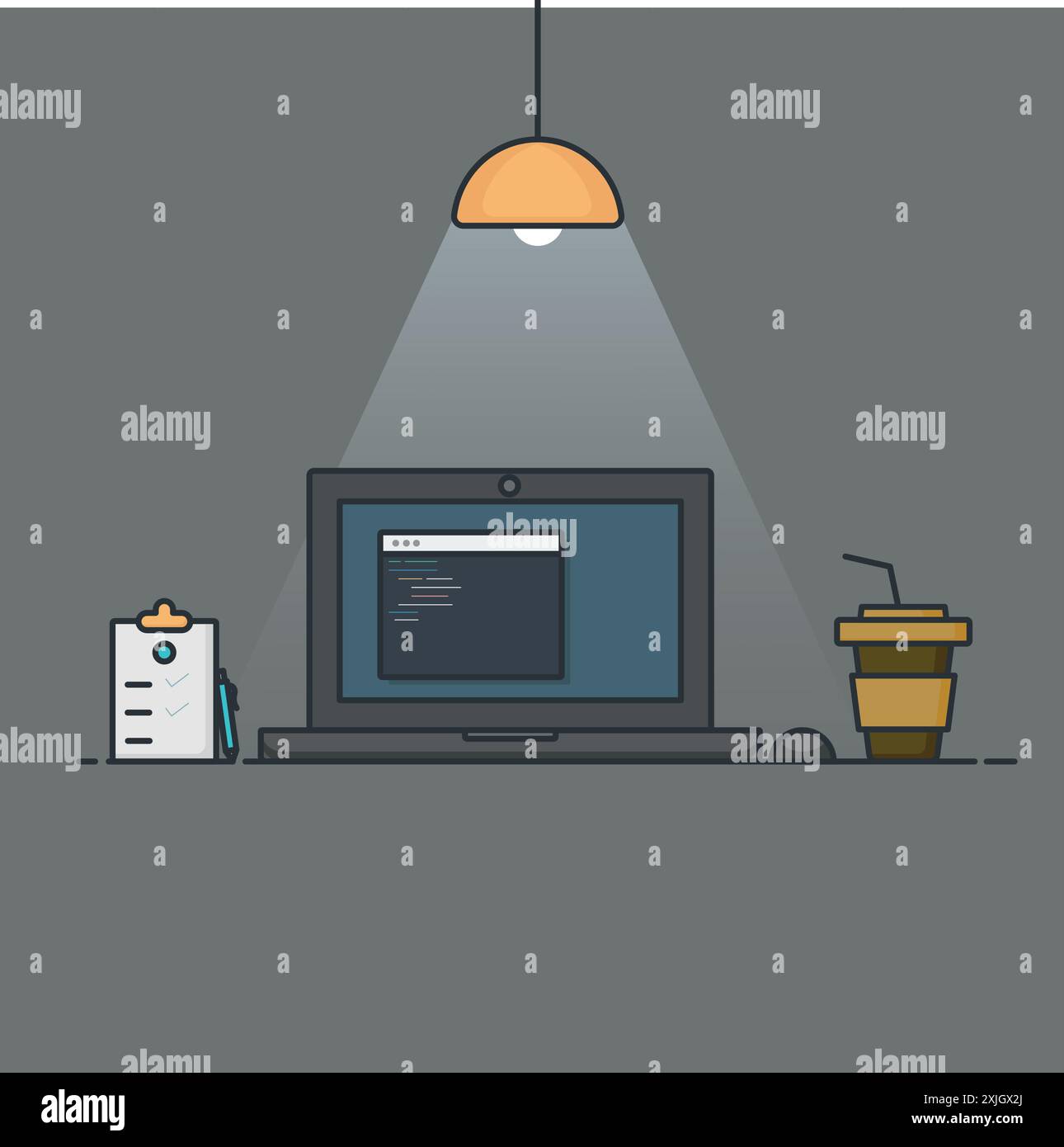 Man coding on a laptop, in left side task notes and in right side coffee. Stock Vector