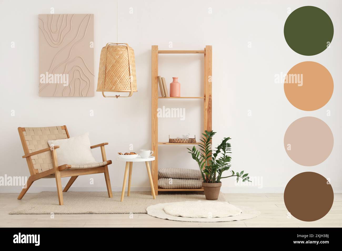 Interior of living room with cozy armchair, houseplant and shelving ...