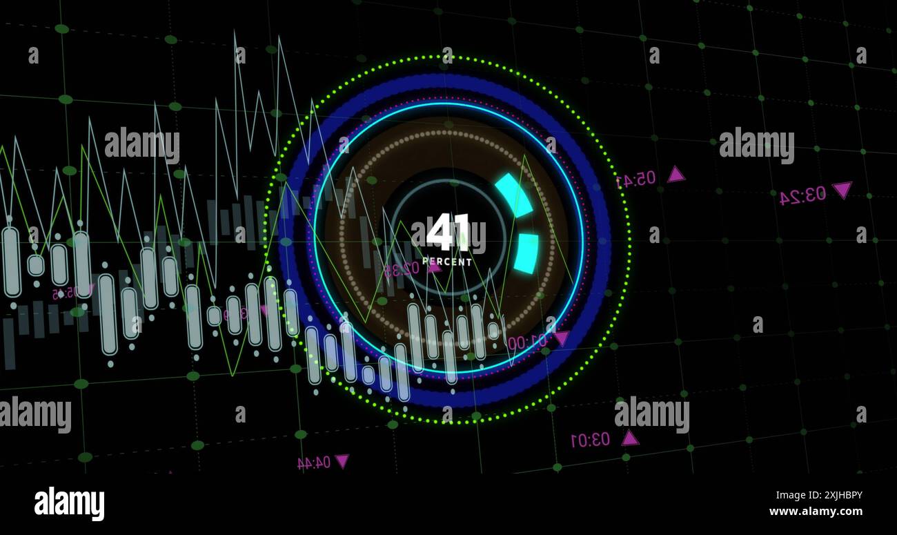 Image of graph processing data over blue loading ring with growing percent on black background. Connection, data, processing, digital interface and co Stock Photo