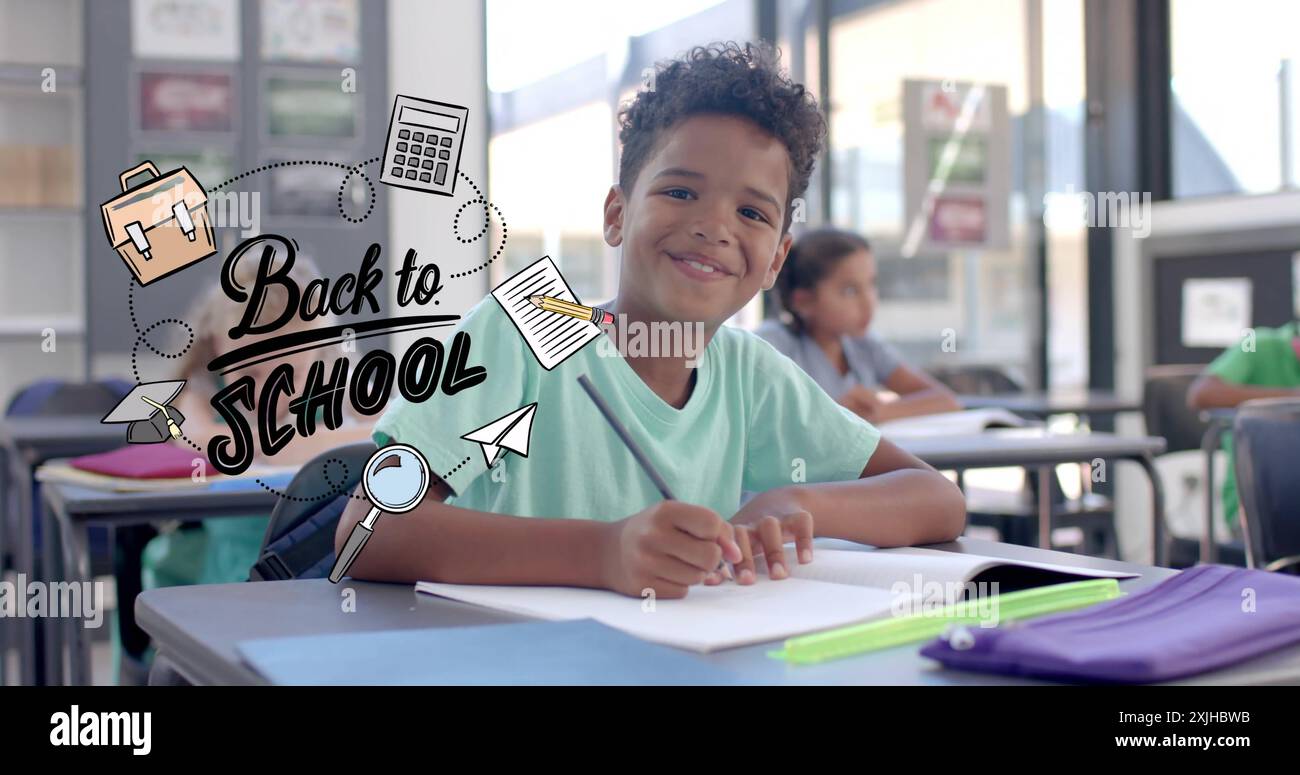 Back to school text and icons over children studying in classroom ...