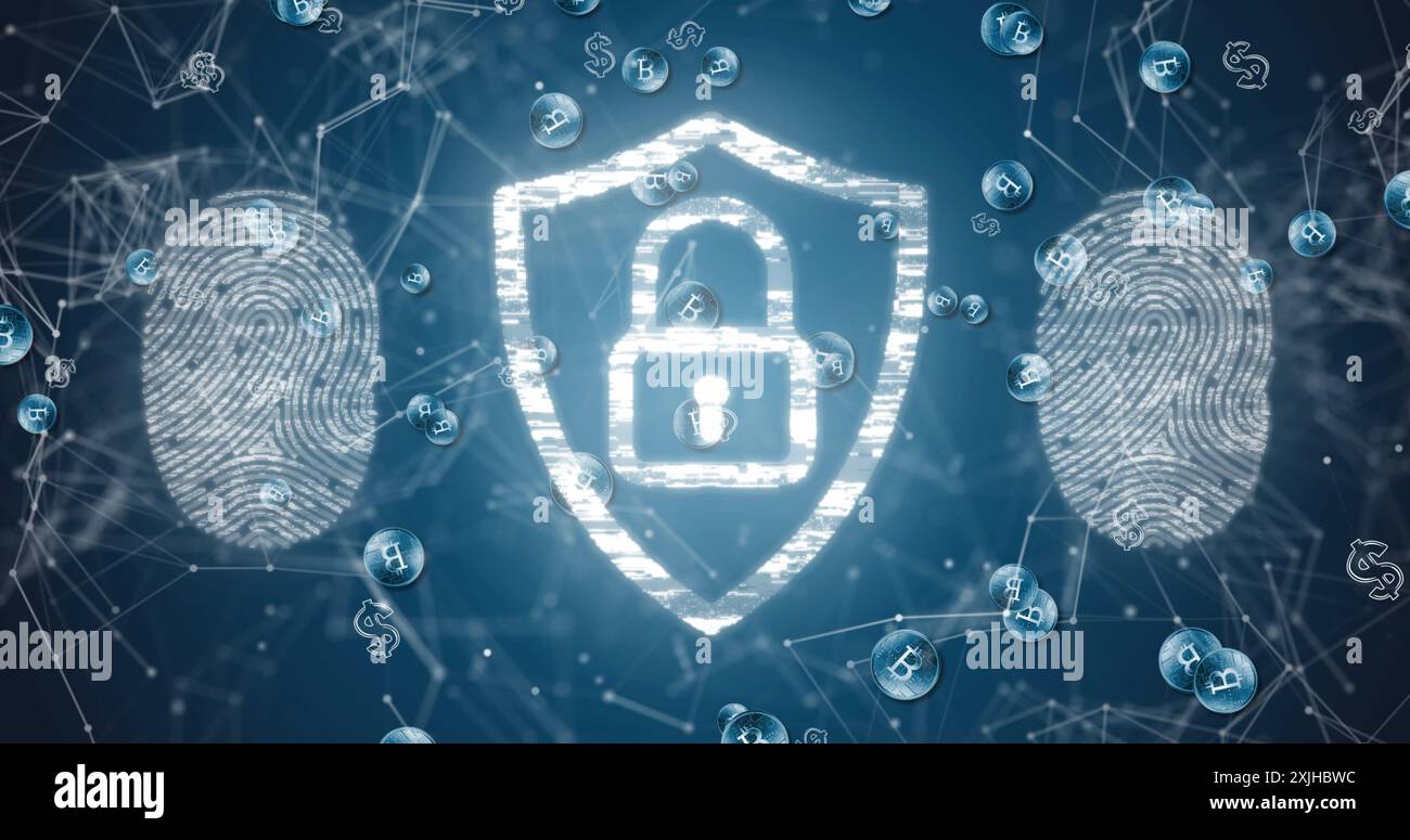 Image of padlock, biometric fingerprint and data processing over blue background Stock Photo