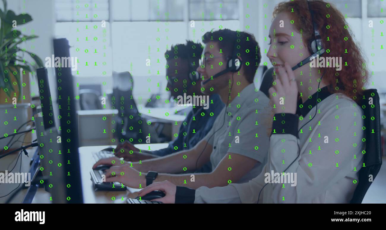 Image of binary coding data processing over diverse business people in office Stock Photo
