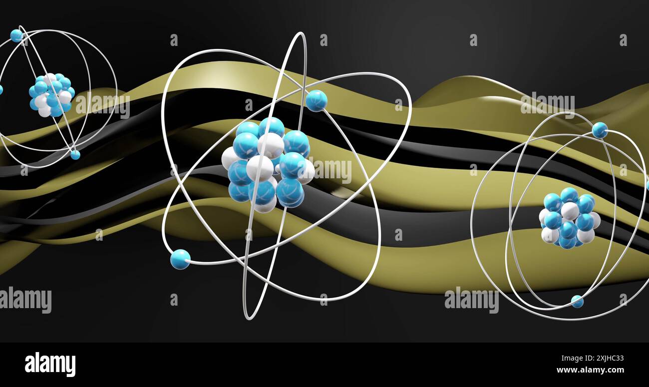 Image of atoms moving over waving layers on black background. Science ...