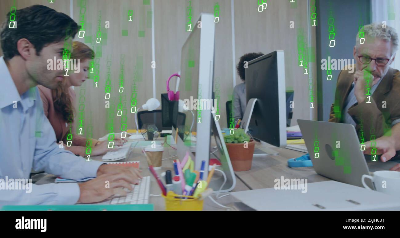 Image of binary coding data processing over diverse business people in office Stock Photo