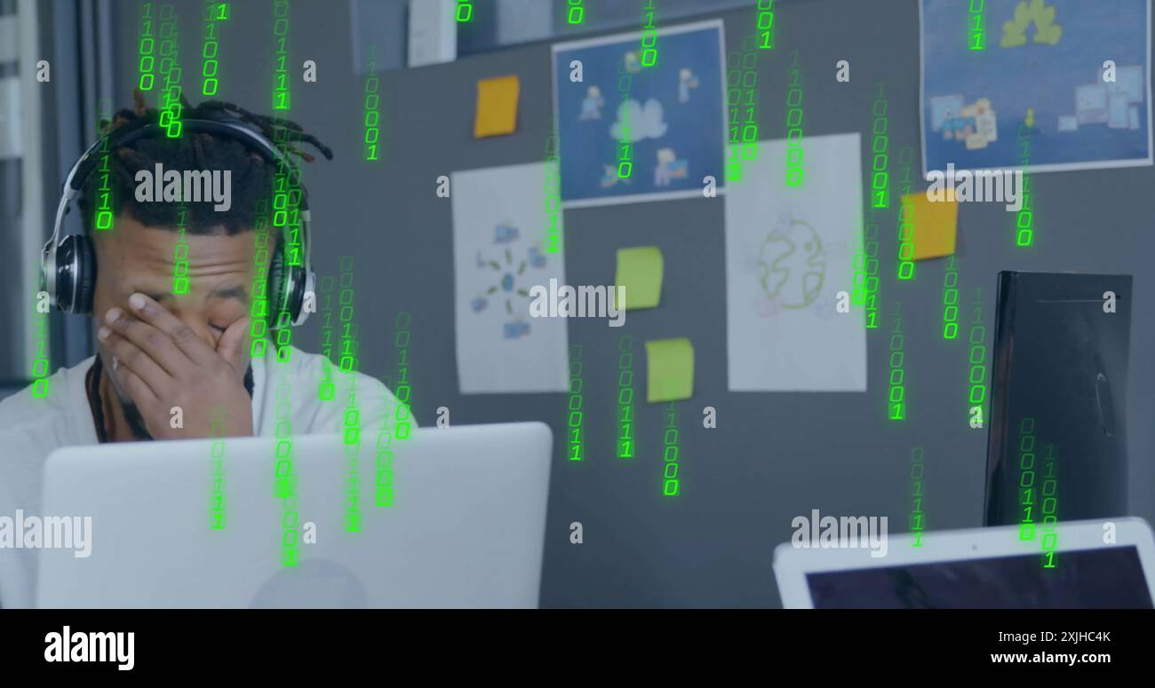 Image of binary coding data processing over african american businessman in office Stock Photo