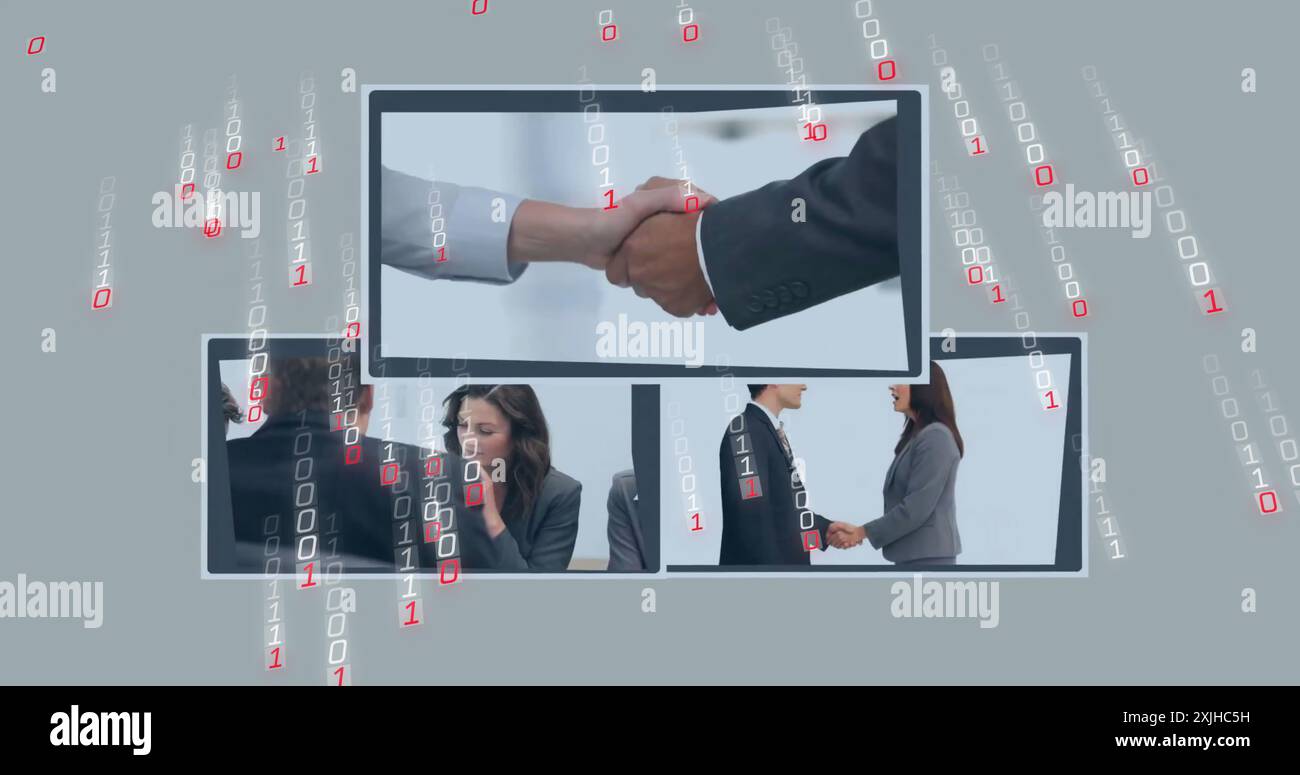 Image of binary coding data processing over diverse business people on screens Stock Photo