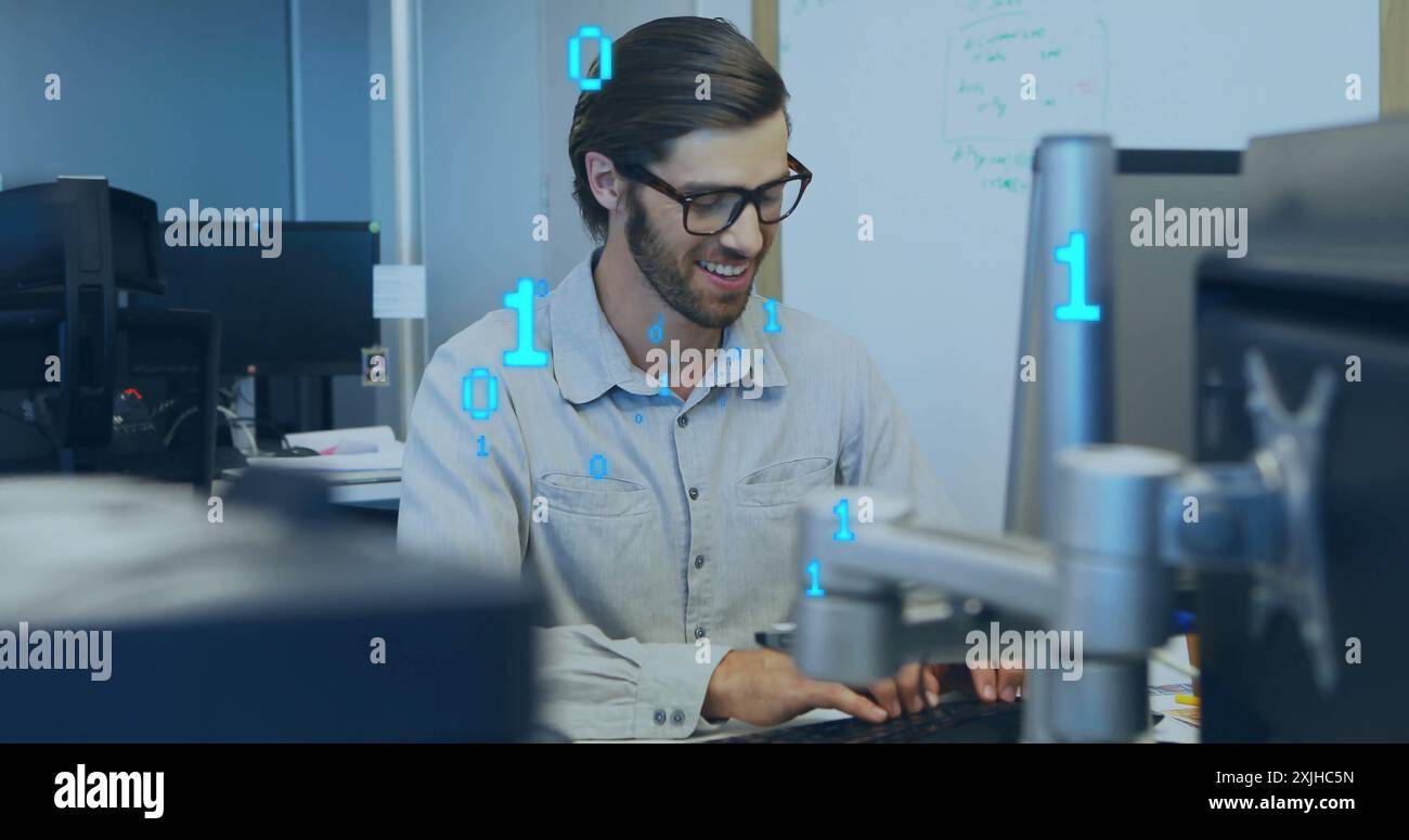 Image of binary coding data processing over caucasian businessman in office Stock Photo