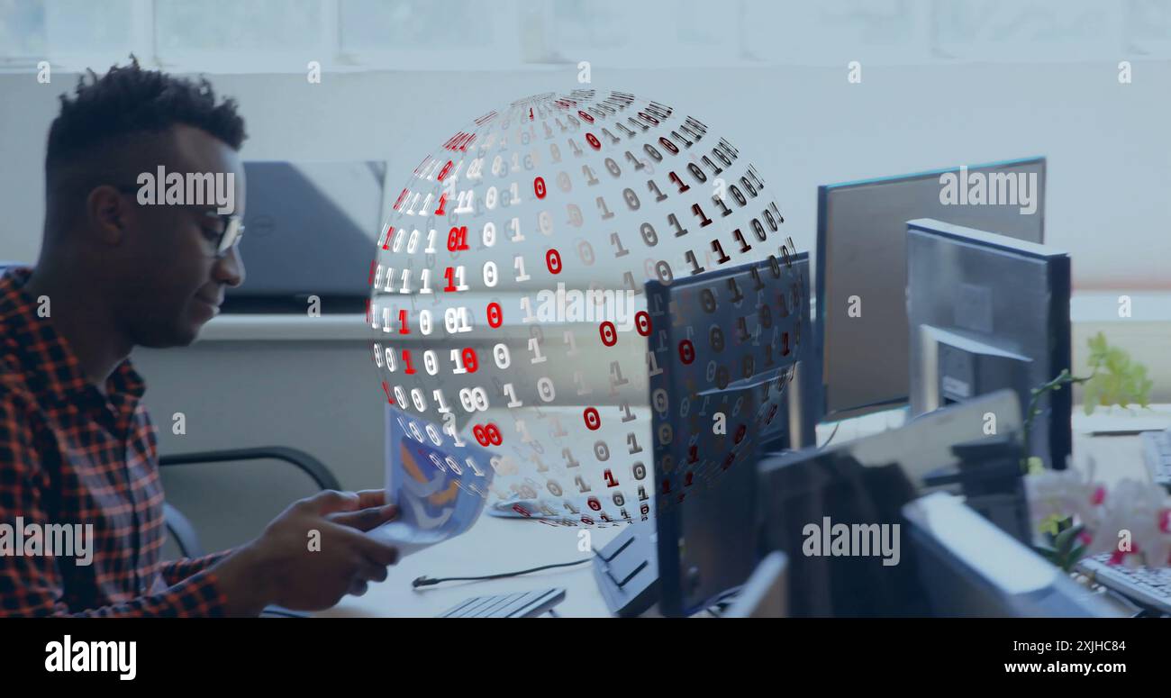 Image of binary coding with globe over diverse business people in office Stock Photo