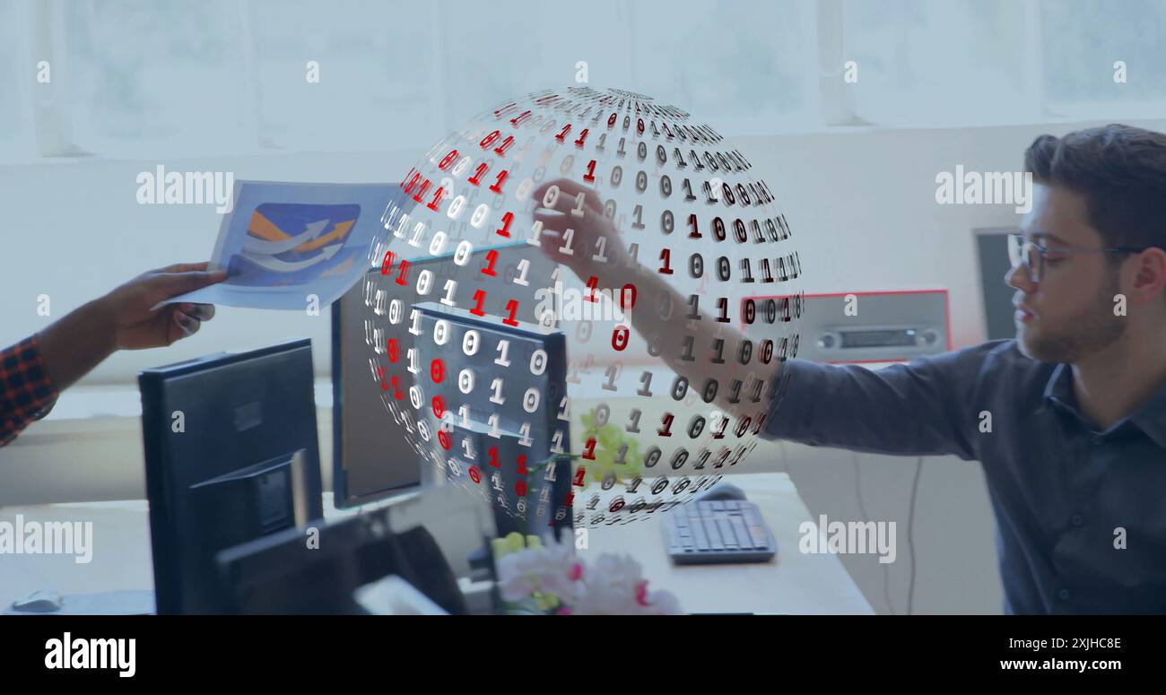 Image of binary coding with globe over diverse business people in office Stock Photo