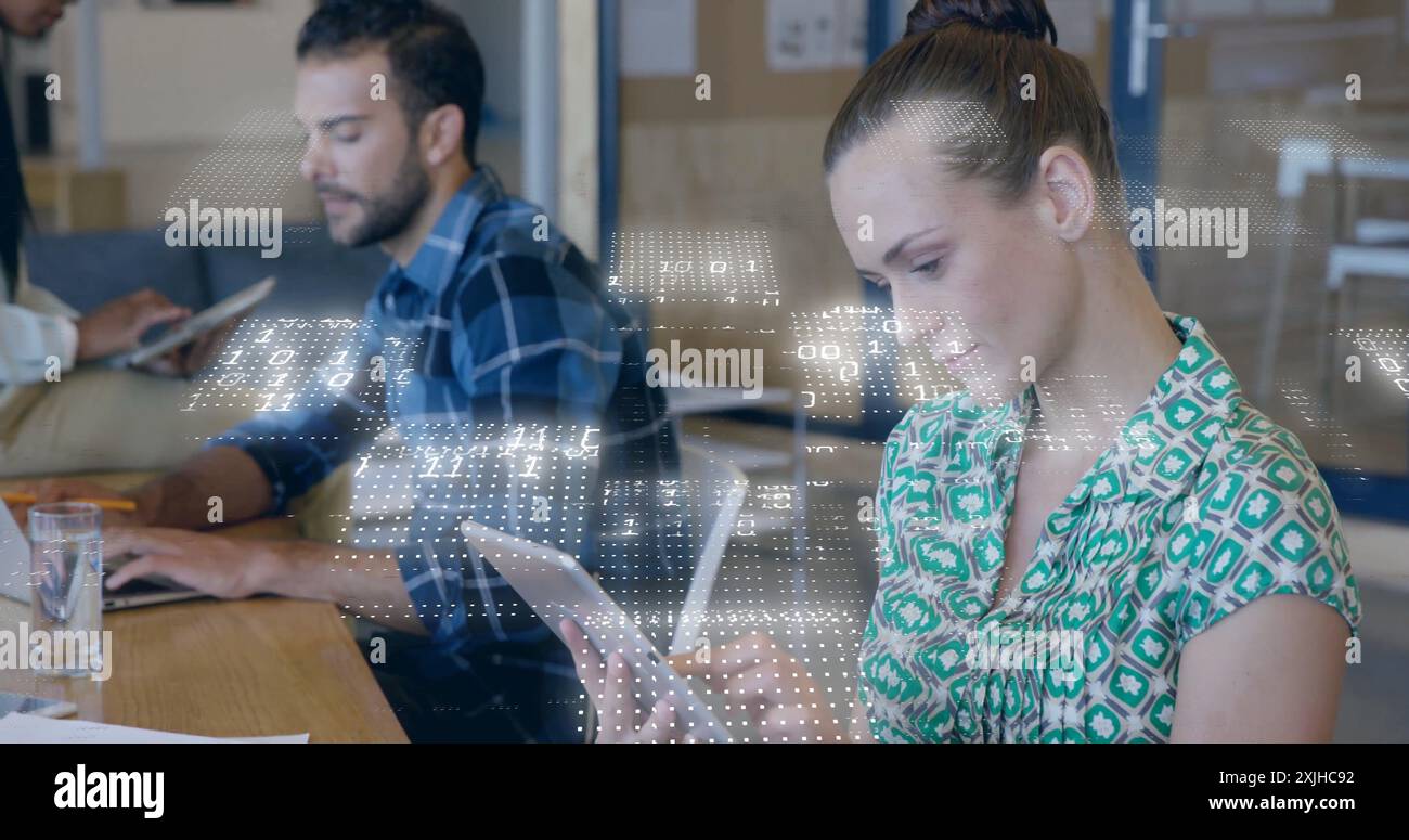 Image of binary coding data processing over diverse business people in office Stock Photo
