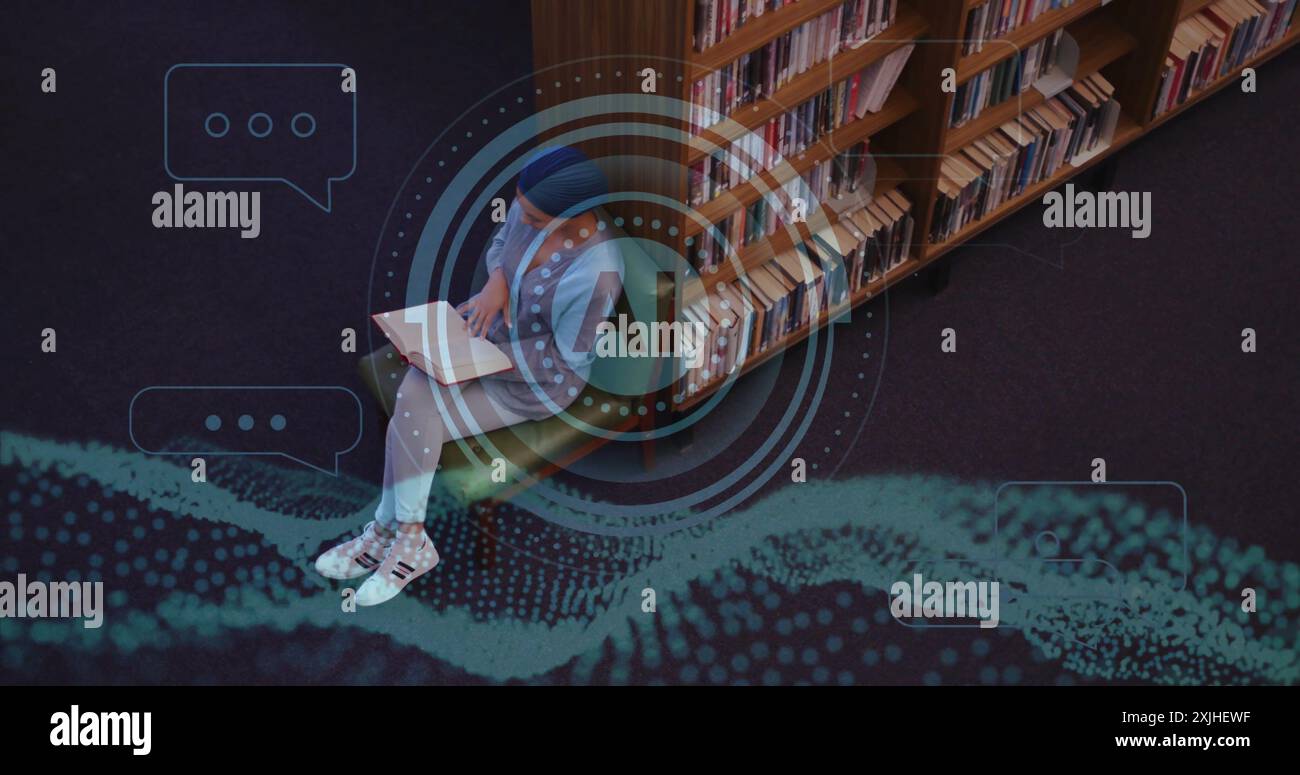 Image of ai text and data over biracial female student in hijab reading book. Global artificial intelligence, connections, computing and data processi Stock Photo