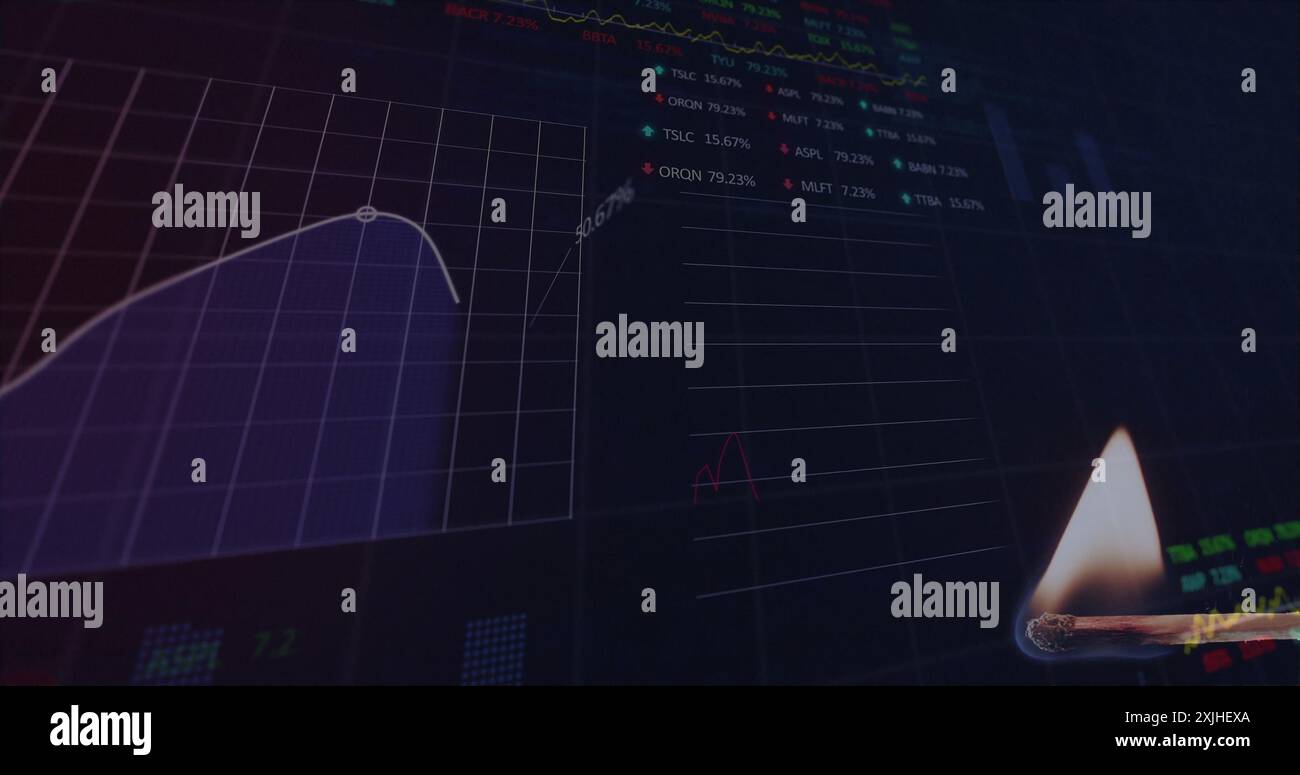 Image of match over diagrams and data processing Stock Photo