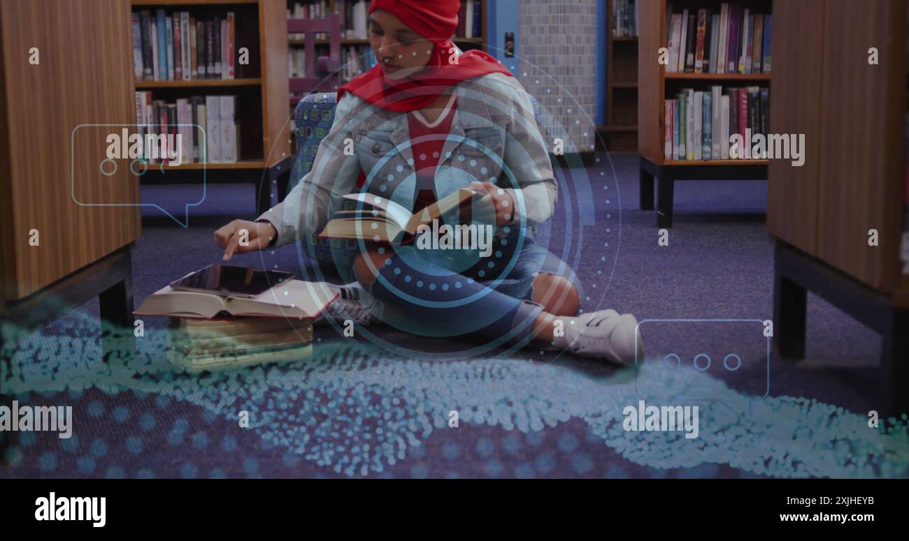 Image of ai text and data over biracial female student in hijab reading book. Global artificial intelligence, connections, computing and data processi Stock Photo