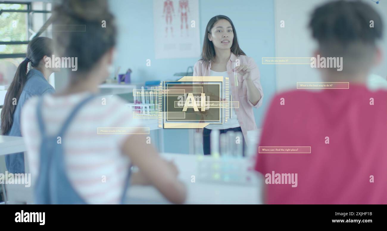 Image of ai data processing over diverse students in laboratory Stock Photo