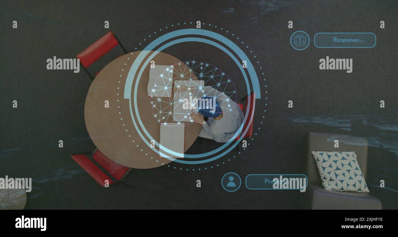 Image of ai text and data over male student learning at table. Global artificial intelligence, connections, computing and data processing concept digi Stock Photo
