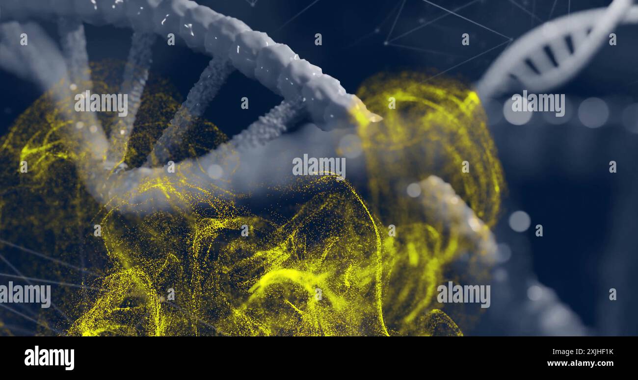 DNA strand with glowing yellow particles, scientific data processing image. Genetics, biotechnology, sequence, helix, molecular, bioinformatics Stock Photo