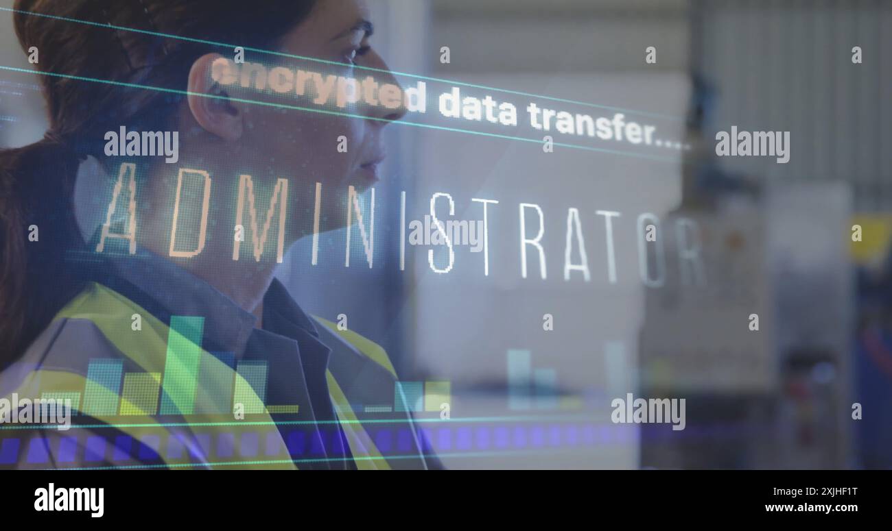 Encrypted data transfer image over businesswoman in industrial setting. Technology, cybersecurity, encryption, digital, security, information Stock Photo