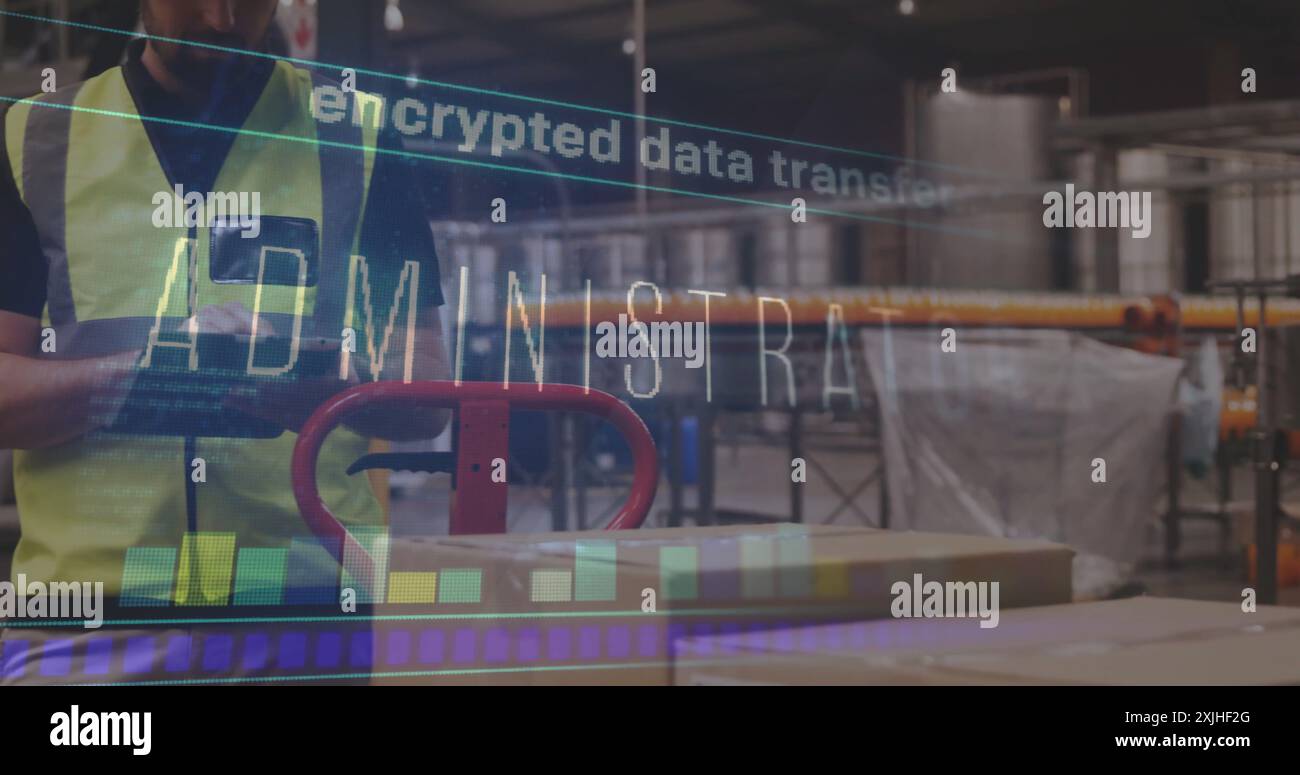 Encrypted data transfer image over worker using tablet in industrial warehouse. Technology, security, encryption, digital, industry, logistics Stock Photo