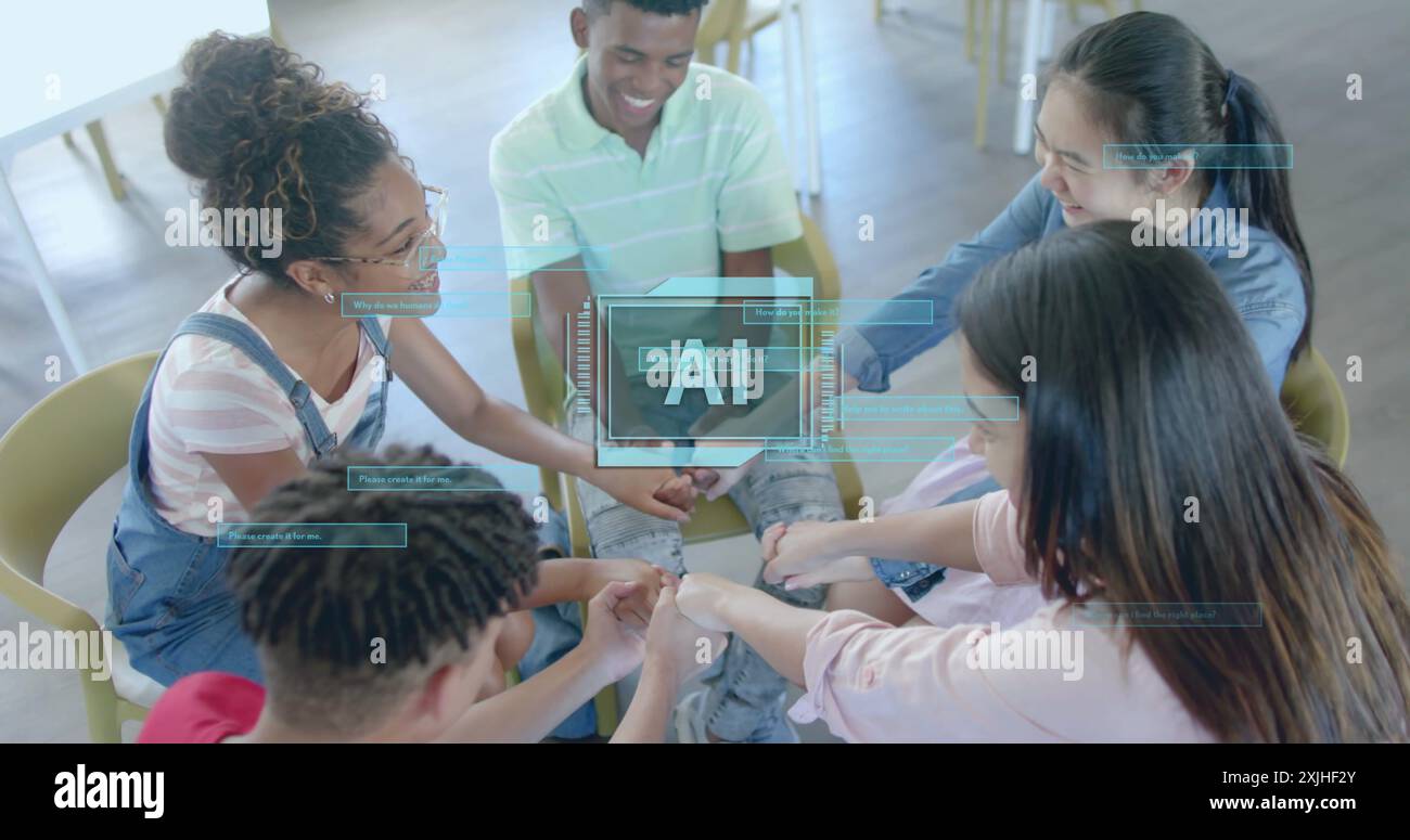 Image of ai text and data processing over diverse students holding hands Stock Photo