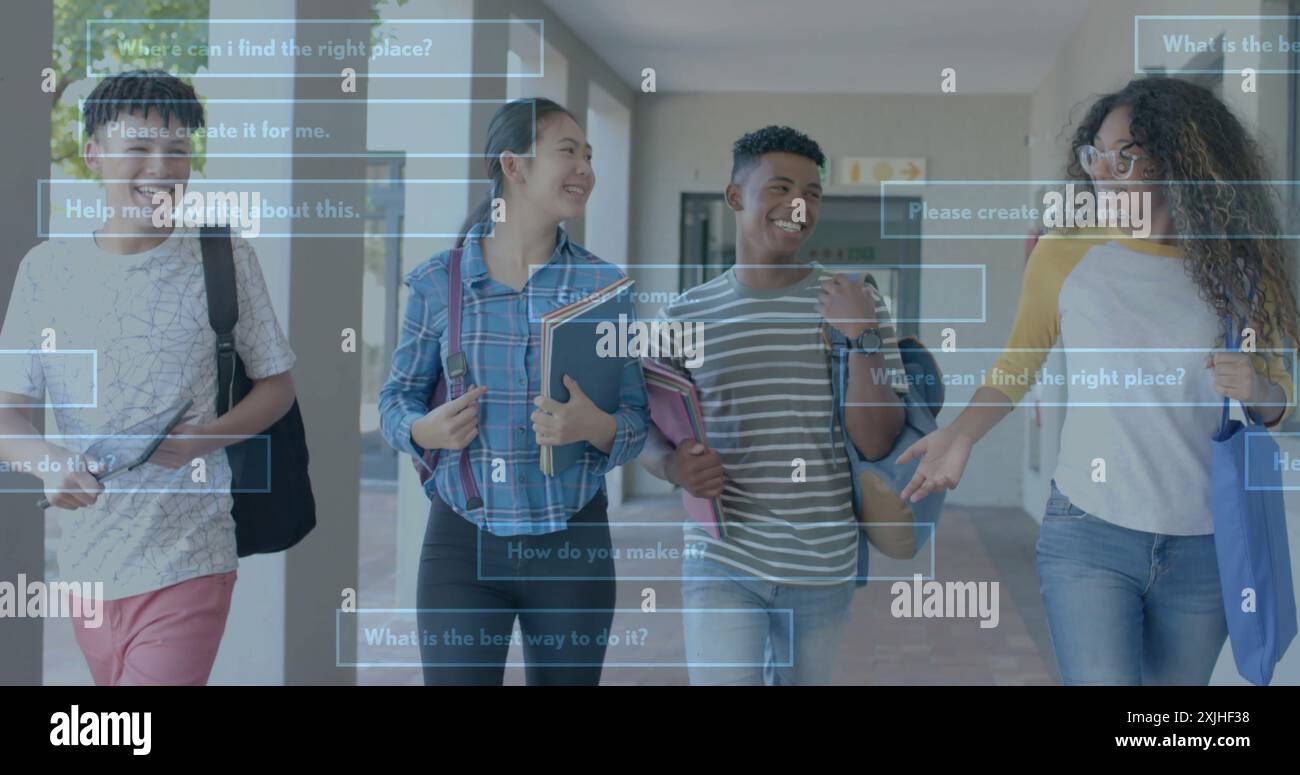 Image of ai data processing over diverse students at school. Artificial intelligence, education, connections, computing and data processing concept di Stock Photo