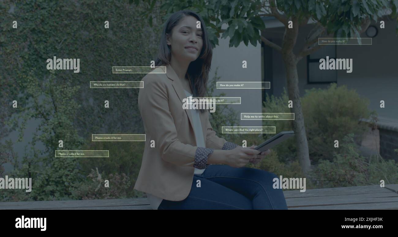 Image of ai data processing over biracial woman using tablet in school. Artificial intelligence, connections, computing and data processing concept di Stock Photo