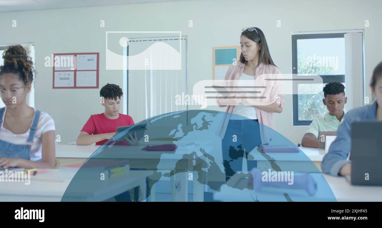 Image of ai data processing over diverse students at school Stock Photo