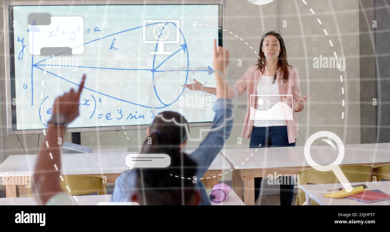 Image of ai data processing over diverse students at school Stock Photo