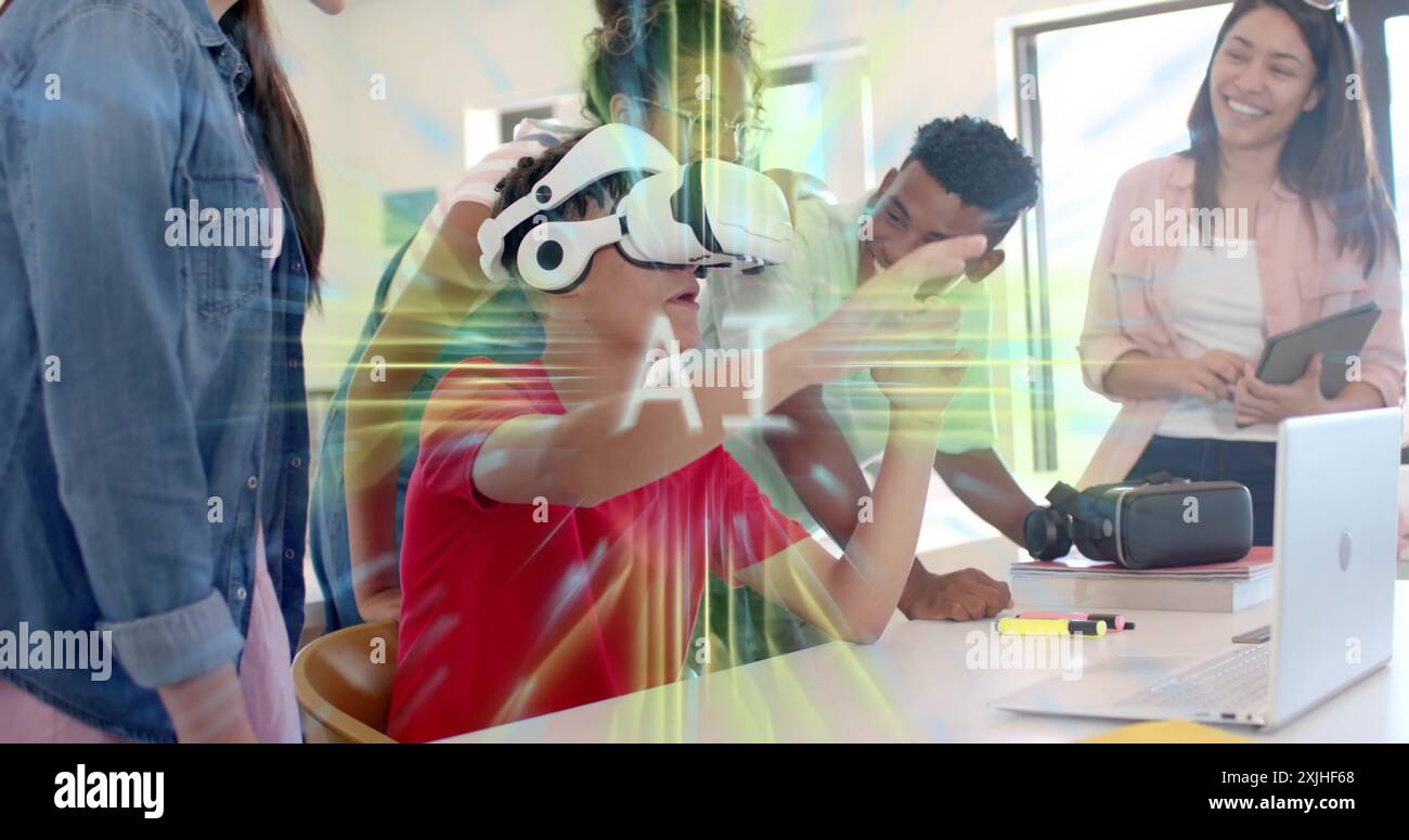 Image of ai text and data processing over diverse students at school Stock Photo