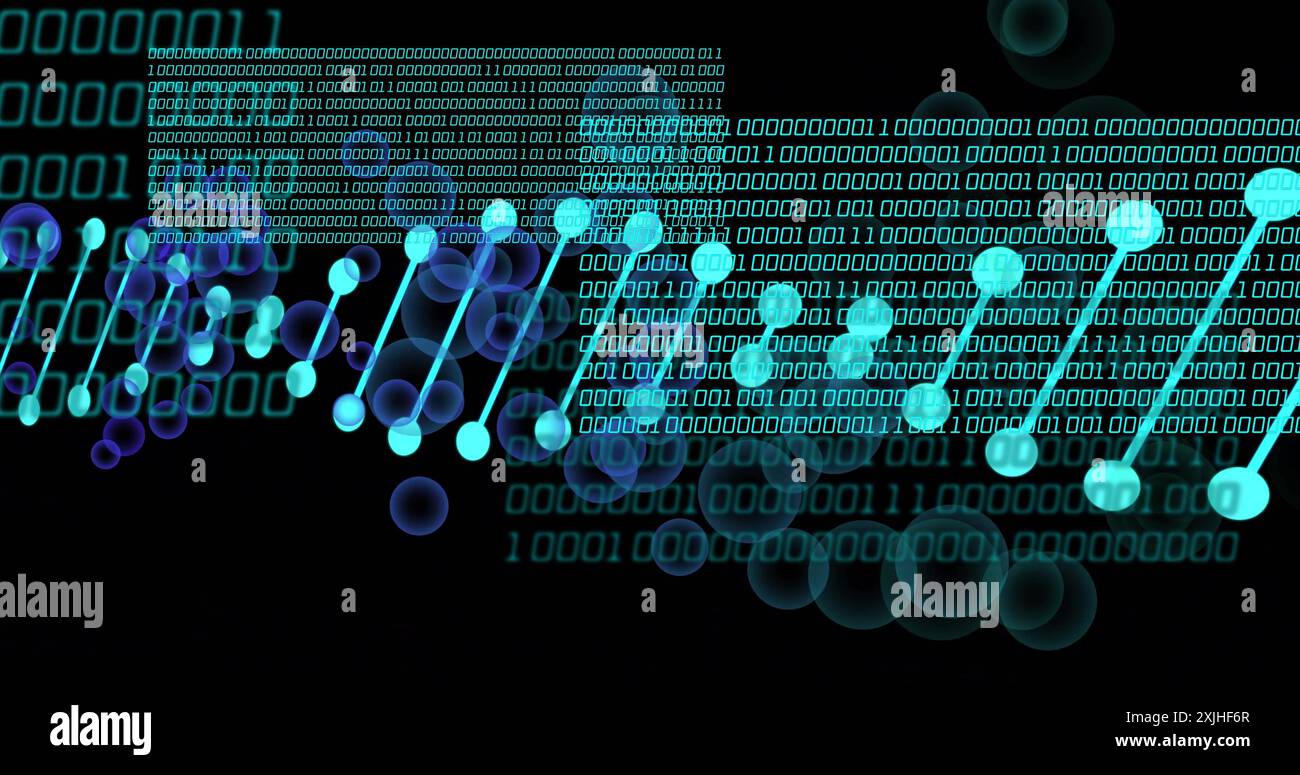 Image of dna strand with bubbles over data processing on black background Stock Photo