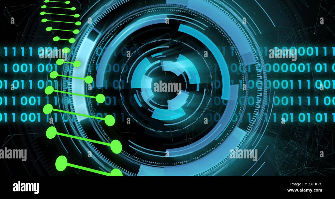 Image of dna strand over data processing and scope scanning on black background Stock Photo