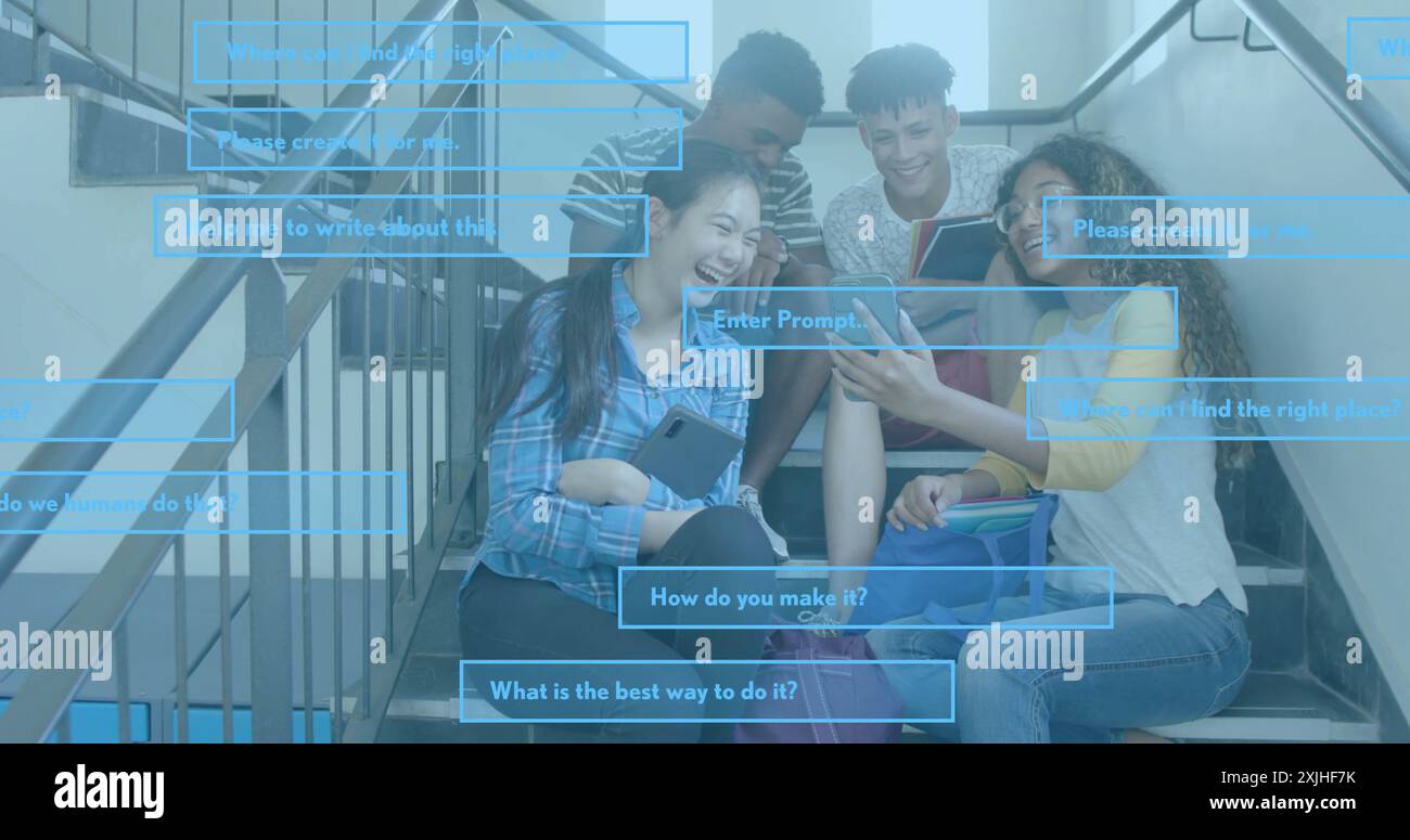 Image of ai data processing over diverse students at school. Artificial intelligence, education, connections, computing and data processing concept di Stock Photo