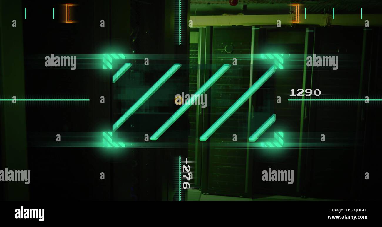 Image of data processing and scanner over server room. Global business ...