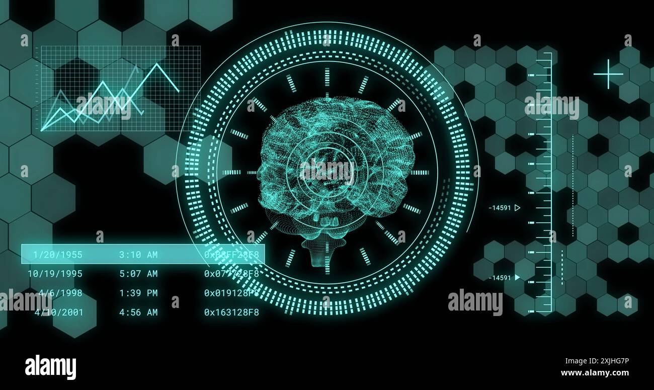Image of human brain and digital data processing over black background ...