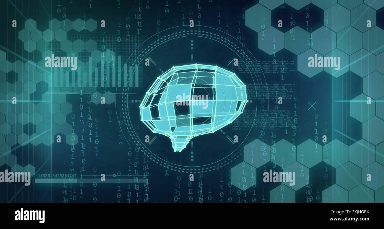 Image of human brain and digital data processing over black background Stock Photo