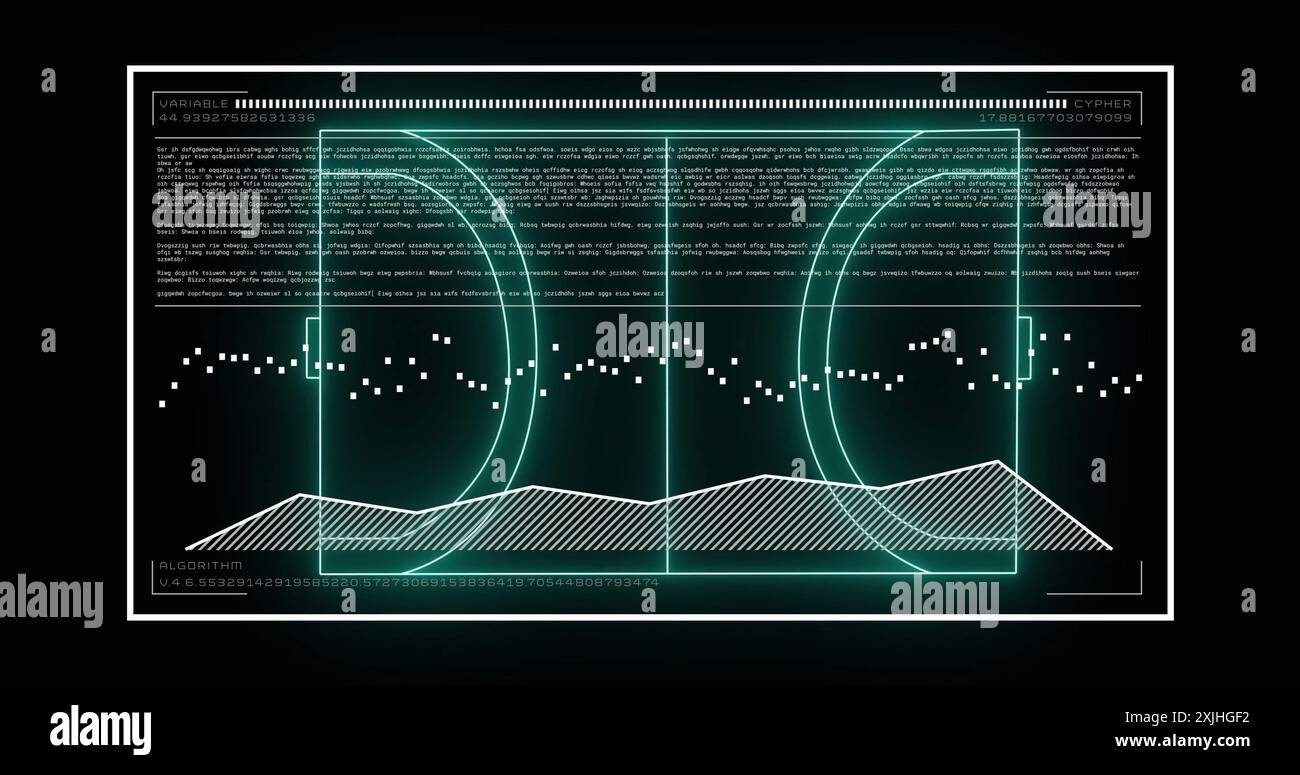 Image of data processing over neon stadium on black background Stock Photo