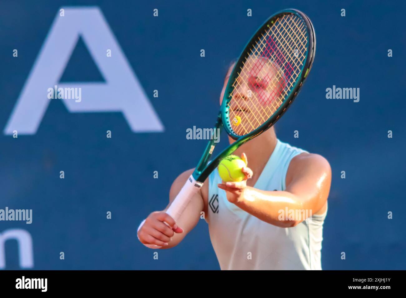 Palermo, Italy. 18th July, 2024. Lucia Bronzetti during the Women's Tennis Association match against Jaqueline Adina Cristian (not pictured) at the Palermo Ladies Open 2024. Jaqueline Adina Cristian beats Lucia Bronzetti 6-3 6-2. (Photo by Antonio Melita/Pacific Press) Credit: Pacific Press Media Production Corp./Alamy Live News Stock Photo