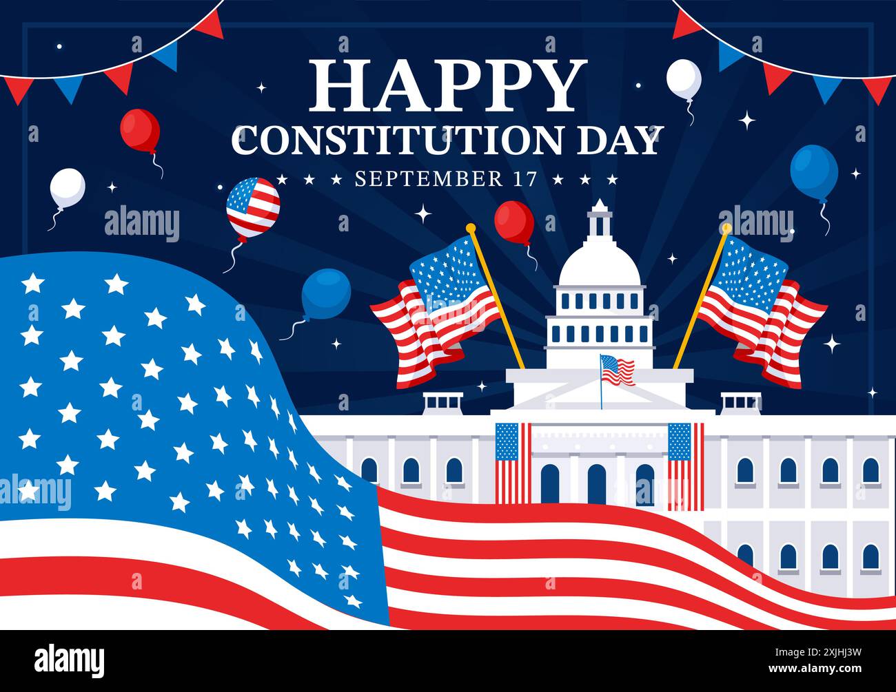 Happy Constitution Day United States Vector Illustration Vector Illustration on September 17th with an American Waving Flag and the Capitol Building Stock Vector