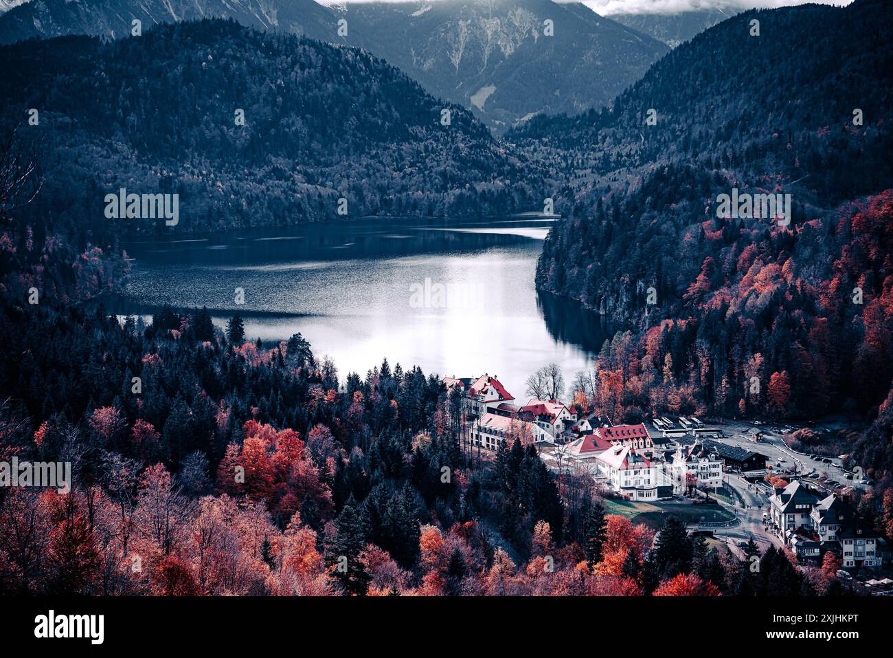 Aerial view of a village nestled in a valley surrounded by dense forest ...
