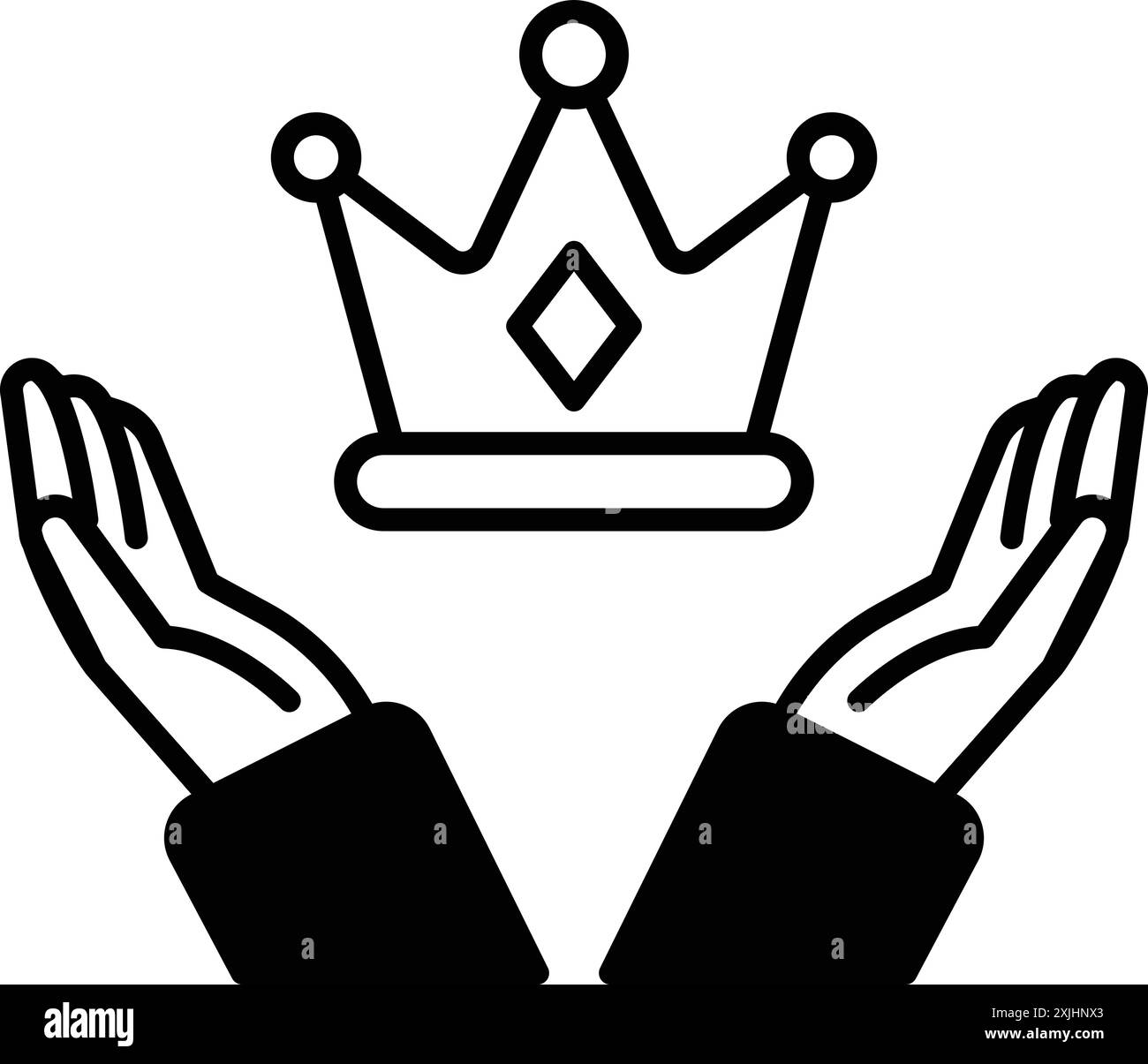 A black and white image of two hands holding a crown. Concept of protection and authority, as if the crown is being held over someone or something. Th Stock Vector