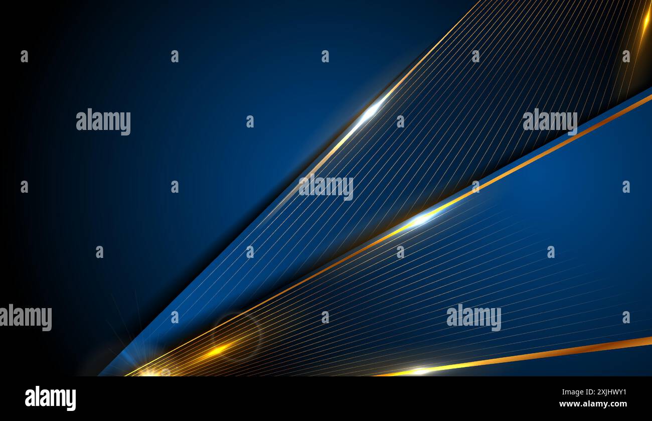 Dark blue abstract background with glowing golden lines and stripes ...